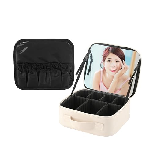 LEAFEEL-「Viaggio」メイクボックス 鏡付き 化粧ポーチ 大容量 化粧品収納 コスメボックス 旅行用 コスメポーチ スキンケア 収納メイクブラシ&スキンケア収納ケース 調節可能仕切り付き プロ用メイクポーチ (標準版ホワイト)