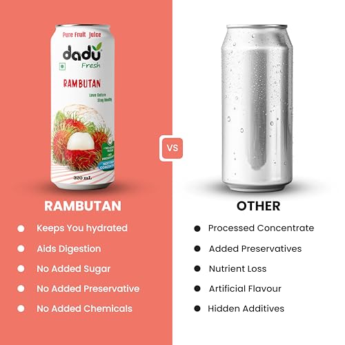 Image of Dadu Fresh Rambutan Juice | Pure Natural Fruit Healthy Beverage | Not from Concentrate, No Added Sugar, No Preservatives or Artificial Flavours | Vitamin Rich & Naturally Refreshing | 4 Cans x 320ml (1280ml)