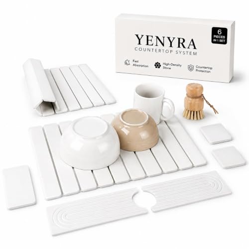 6-Pack Large Stone Dish Drying Mat for Kitchen Counter 23”x15” - Quick-Dry Absorbent Diatomaceous Earth Mat Set - Stone Faucet Mat 4"x23" + 3 Stone Trays 4"x8", 4"x4"+ Bamboo Palm Brush (White) by Yenyra - Used condition - US$31.84