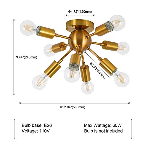 No Branded 8-Light Modern Gold Bronze Sputnik Chandelier Semi Flush Mount Ceiling Light Brushed Brass Pendant Light Fixture For Kitchen Coffee Bar Living Dining Room Hallway Bedroom #TOP2
