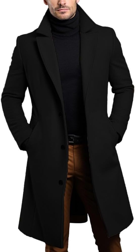 NbgrvB Luxury Long Black Overcoat for Men, Single Breasted Wool Blends Trench Coat (L Black)