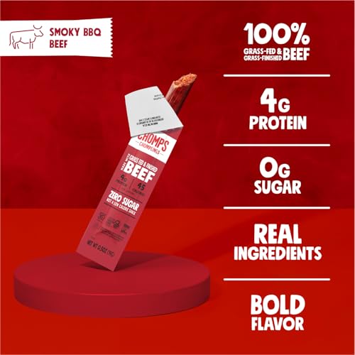 Chomps Snack Size Grass-Fed and Finished Smoky BBQ Beef Jerky Snack Sticks 0.5oz 24-Pack - Keto, Paleo, Whole30, 4g Lean Meat Protein, Gluten-Free, Zero Sugar Food, Non-GMO Chomplings