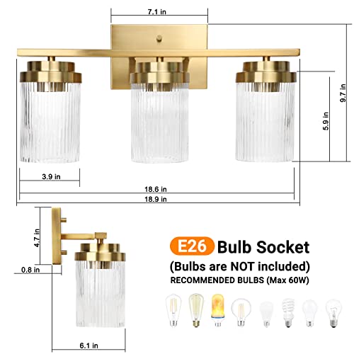 Gold Bathroom Light Fixtures: 3 Light Bathroom Vanity Light With Grooved Glass Shade | Vanity Lights For Bathroom | Vanity Lighting Fixtures Wall Mount | Brushed Gold Bathroom Lights Over Mirror #TOP1