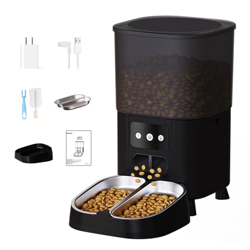 Mangiatoia automatica per gatti con telecomando, alimentazione temporizzata e misurata, 2 ciotole in acciaio inox, funzione di registrazione per cani e gatti