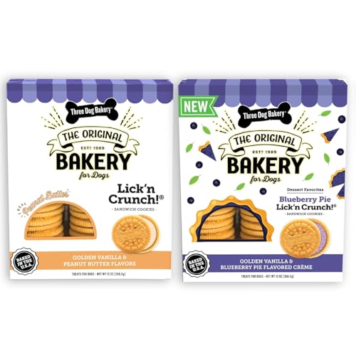 Three Dog Bakery Classic Cremes Baked Dog Treats &Blueberry Pie Lick\'n Crunch! Sandwich, Premium Dog Training & Puppy Treats