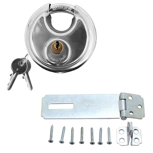 Image of NU-SET Laminated Steel Padlock & Adjustable Flat Hasp Combo | 2-3 /4 inch Round Security Padlock with 7-1 /4 inch Flat Hasp | Weather-Resistant, High Security for Doors, Gates, and Sheds