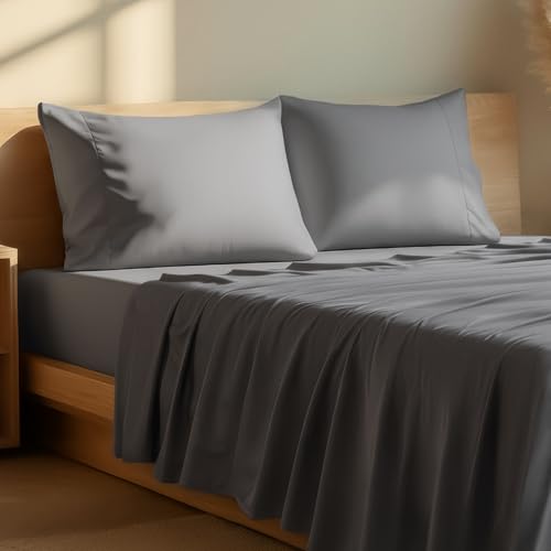 Bare Home Queen Sheet Set - Hotel Luxury - Deep Pockets - Double Brushed Microfiber for Softness - Easy Fit - 4 Piece Set - Bed Sheets with Envelope Pillowcases (Queen, Grey)