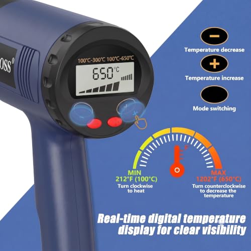 Image of DOCOSS Heat Gun Machine 2000W with Digital LCD Display, Hot Air Gun Machine 60C-600C With Temperature Control, Heat Gun for Shrink Wrapping & Packing, Heat Blower Gun with Copper Motor