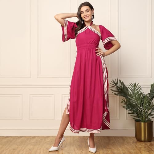 Image of DEEBACO Women's Solid Rayon Slit Ankle Length A-Line Dress|Sleeveless|Halter Neck|Casual Trending Fashion Long One Piece Dresses Women Western