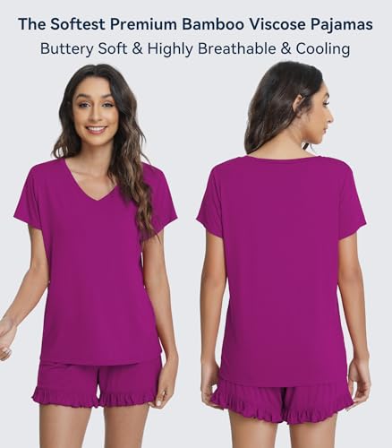 Image of WiWi Womens Pajamas Set Bamboo Viscose Super Soft Short Sleeve Top Ruffle Shorts Sleepwear Cooling Pj Sets S-XXL