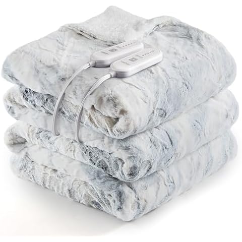 CAROMIO Heated Blanket Queen Size with Dual Control, Fast Heating Blankets with 5 Heat Levels & 10 Hours Auto Off, ETL Certified Soft Thicken PV Plush Electric Throw Blanket, White Tie-Dye, 84" x 90" Cover