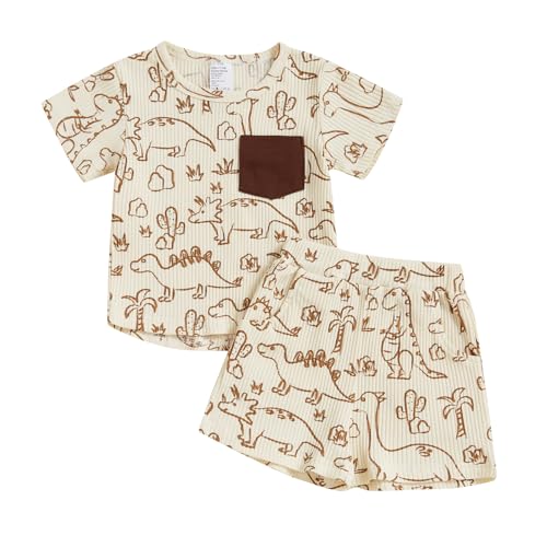 Carolilly Ensemble Vêtement Bébé Garçon Eté Tenue 2 Pièces T-Shirt Dinosaures à Manches Courtes et Short Ensembles Infantile (Kaki Dragon, 3-6 Mois)