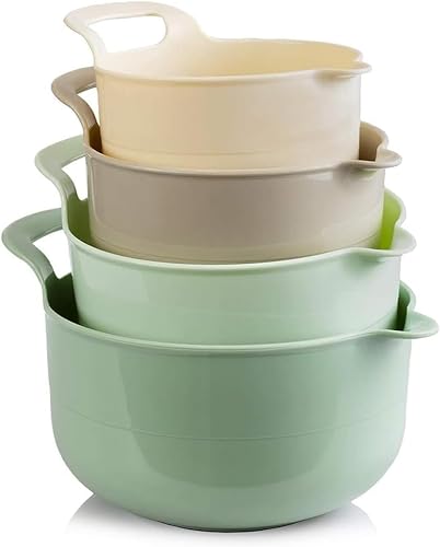 Nesting Plastic Mixing Bowls Set with Pour Spout and Handle, Vegetable and Fruit Prep Bowls, Salad Bowls, Non-Slip Bottom, Kitchen Cooking and Baking Supplies