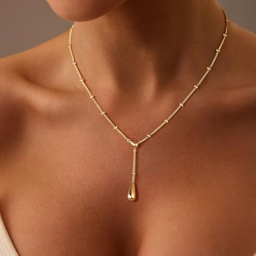 M MOOHAM Gold Necklace for Women, 14K Gold Plated Teardrop Pendant Jewelry | Dainty Lariat Necklace for Women, Small Pendant, Beaded Chain Choker, Gold Plated Prom Jewelry, Women Gifts - image 2