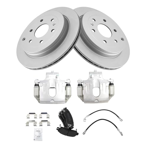 Image of TRQ Rear Brake Pad and Rotor Set Semi Metallic Coated Rotors Calipers Hoses Compatible with 2008-2016 Buick Enclave 2009-2017 Chevrolet Traverse 2007-2016 GMC Acadia 2007-2010 Saturn Outlook