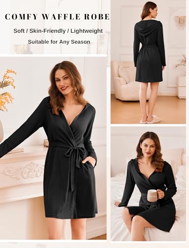 Ekouaer Robes for Women Waffle Knit Hooded Bathrobe Lightweight Robe Soft Knee Length Sleepwear with Pockets3