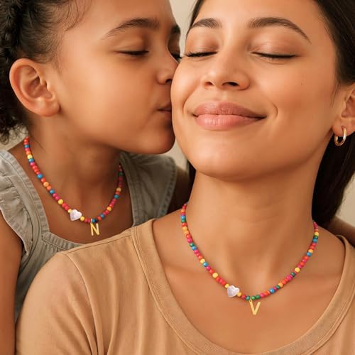 BodyJ4You 2PC Choker Initial Necklace for Kids - Letter Pendant Heart Charm Goldtone Y2K Boho Beaded Collar - Personalized Gift Teen Girls Jewelry Children Jewelry - Beach Vacation Summer Accessories2
