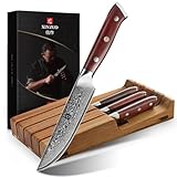 XINZUO Juego de 5 Cuchillos de Bistec 67 Capas de Acero Damasco -Afilado Hoja Recta Cuchillo de Mesa -Profesional Cuchillos de Carne -Mango de Madera de Rosa -con Bloque Portacuchillos para Cajones
