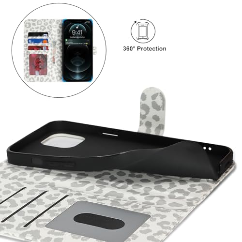 Image of for iPhone 12 Case Wallet with Card Holder,for iPhone 12 Pro Wallet Case for Women Men,PU Leather Shockproof Magnetic Buckle Stand Flip Phone Case-White Leopard