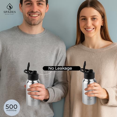 Image of SPADES Sipper Stainless Steel Water Bottle 500ml | BPA-Free Leakproof Bottle | Black & Silver Matte Finish | Gym, Travel & Office Use | Pack of 1