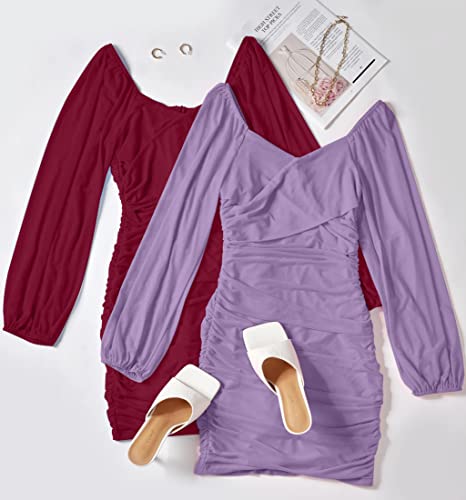 Zesica Women's Sexy V Neck Ruched Bodycon Mini Dress Puff Long Sleeve Cocktail Wedding Party Short Dresses,Purple,Medium #TOP6