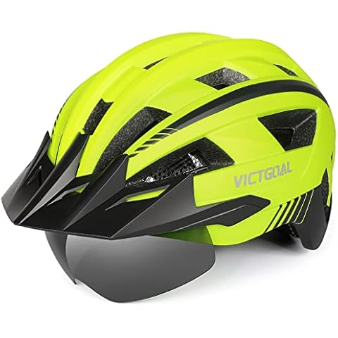 VICTGOAL Bike Helmet MTB Helmet with Removable Magnetic Goggles Detachable Sun Visor and LED Rear Light Road Bike Helmet for Adult Men Women Safety Helmet (Yellow, M: 54-58 cm) Cover