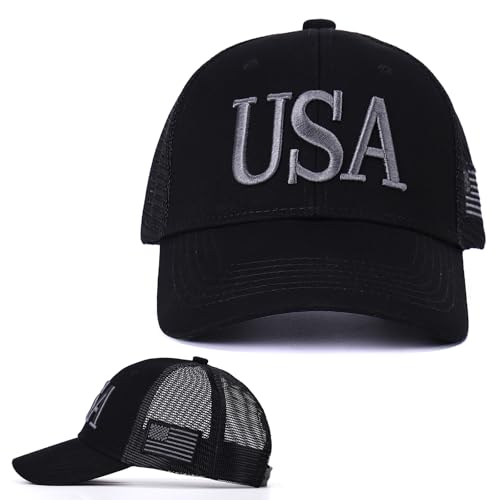 Image of USA Trucker Hat for Men & Women American Flag Cap Adjustable Baseball Cap Mesh Snap Patriotic 3D Embroidered Cap