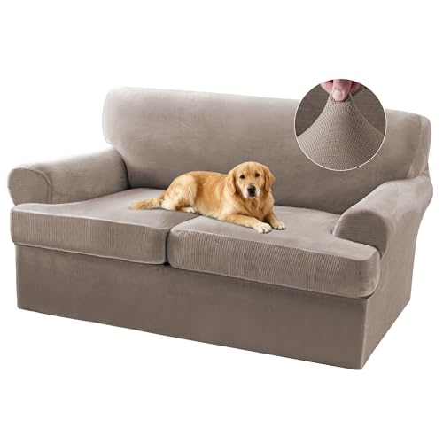 Turquoize Sofa Cover 3 Piece T Cushion Loveseat Covers for 2 Cushion Couch Thick Velvet Couch Cover Stretch Furniture Covers with 2 Individual T Cushion Covers, Washable (2 Cushion Loveseat, Taupe)