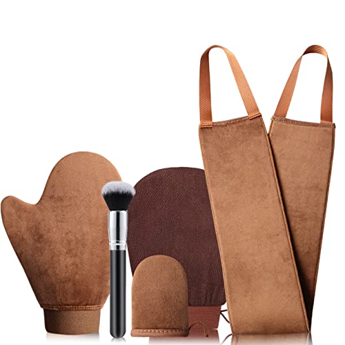 GAIYAH Self Tanning Mitt Set - 5 in 1 Fake Tan Applicator With Glove for Back Velvet Mitt, Brush and Lotion Applicator