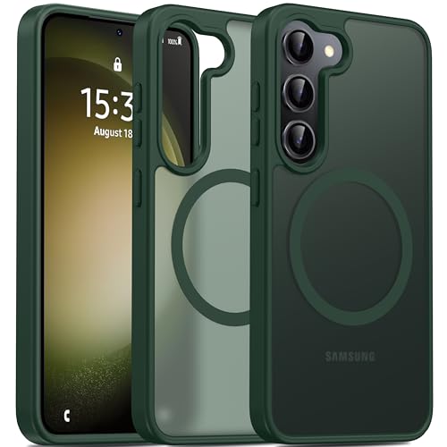 Image of Oterkin Magnetic for Samsung Galaxy S23 Case Matte, S23 Phone Case Compatible with MagSafe Frosted Translucent Shockproof Anti-Scratch Slim Fit Case Military Grade Protection (Dark Green)