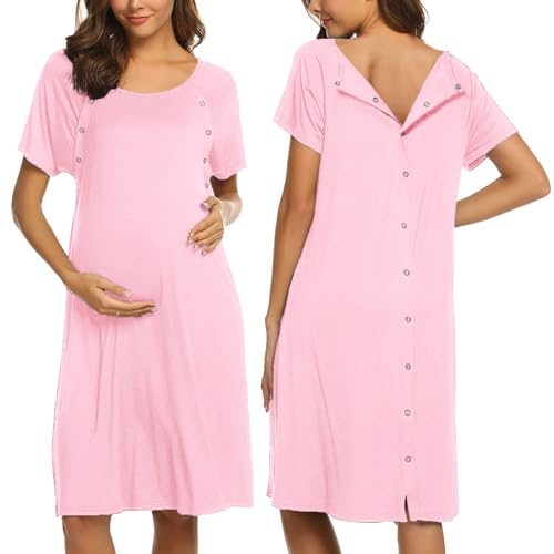 Image of Ekouaer Women’s Nursing/Delivery/Labor/Hospital Nightdress Short Sleeve Maternity Nightgown with Button S-XXL