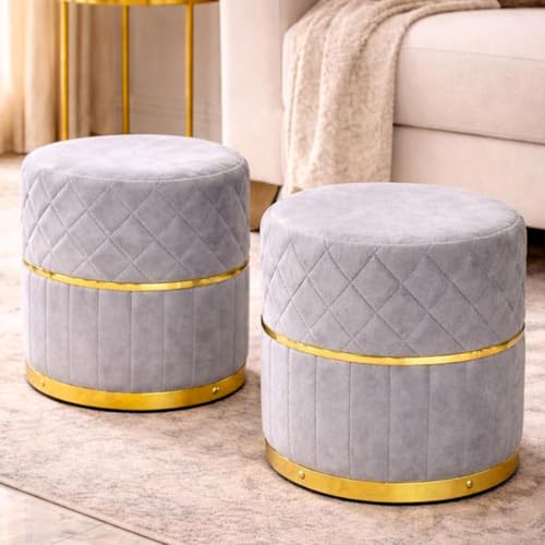 Image of Premium Velvet Ottoman Stool with Gold Base | Round Puffy Footrest with Diamond Quilting | Soft Seating for Living Room, Bedroom & Dressing Area (Set of 2 Silver Grey)