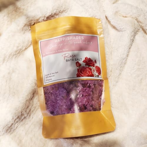 Image of Happishades Bath Salt | For Body & Foot Spa, Calming, Relaxing, Muscle Aches Pain Relief, Aromatherapy | Pure & Natural Epsom, Sea Salt & Essential Oils - 200 grams (Rose)