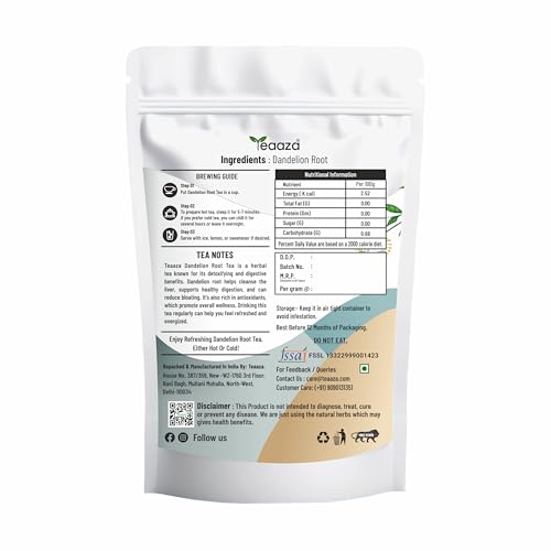 Image of Teaaza Dandelion Root Tea | Dandelion Tea for Liver Detox, Weight Loss | Improves Kidney Function & Digestive Health | 250 Grams Loose Tea Leaves-150+ Cups | Caffeine Free, Budget Friendly Pack