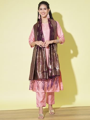 Image of VredeVogel Women's Cotton Silk Blend Straight Kurta Trouser With Dupatta Set
