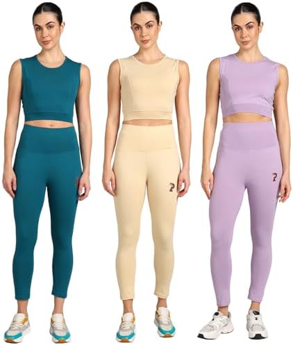 Stretchable Activewear Sleeveless Crop Top with Long Pants with Back Pocket for Workout Top & Bottom Set Gym Yoga Sports Running Track Suits For Girls/Women - Pack of 3