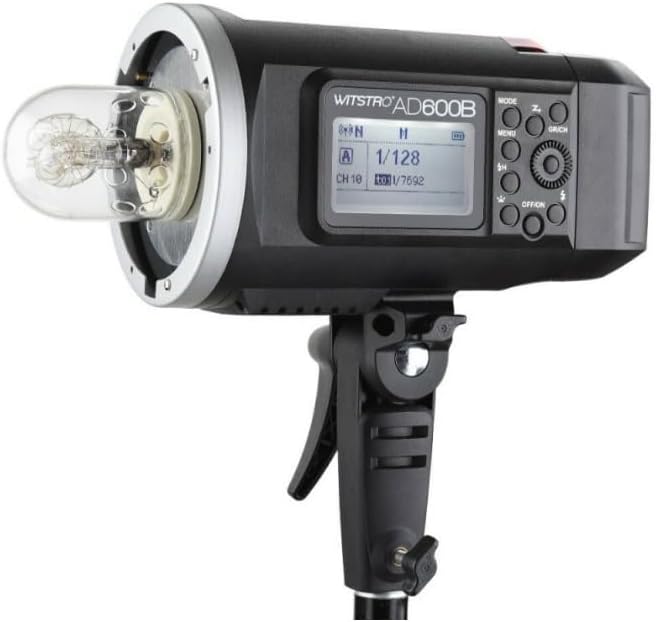 Godox AD600B flash unit from a different angle, showing the mounting bracket