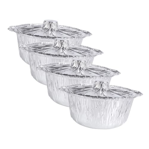 healvian 4個 使い捨てアルミホイル鍋 小型丸型 耐熱バーベキュー用アルミ容器 キャンプ アウトドア調理対応 保温可能食品保存用トレイ