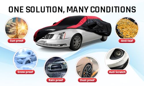 Image of Car Cover Waterproof All Weather with Red Strip Design, Custom Fit for DTS(2006-2011), XTS(2013-2019), CT6(2016-2020), DTS Accessory with Door Zipper & Windproof Straps