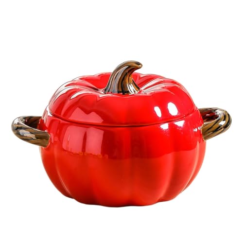 Stockpot with Lid, Ceramic Pumpkin Casserole Dish with Lid, Dutch Oven Pot with Lid, Pumpkin Decorative Bowl for Home Decor, Autumn, Thanksgiving, Halloween (Red, L)