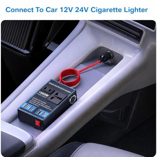 Image of Primate 1500W Car Power Inverter 12V /24V DC to 220V AC Converter with 4 USB Fast Charging Ports, 2 AC Universal Outlets, Dual Cigarette Lighter Sockets, Aluminum Alloy Car Adapter
