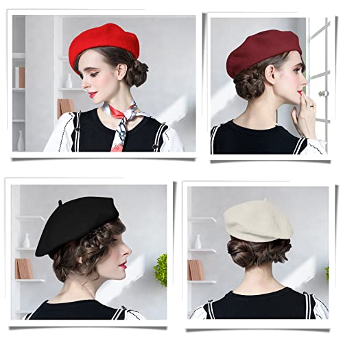 4 Sets Wool Beret Hat French Style Beanie Hats With Silky Neck Scarf Fashion Beret Caps For Women Girls Lady #TOP3