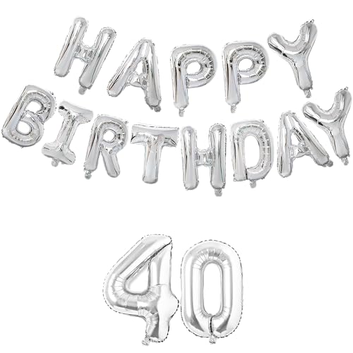 Image of Flyloons 40th Silver Colour Happy Birthday Foil Balloon Set for 40 Year Old Boys Girls Men Women | with Number Forty | 13 Letters Reusable Happy Birthday Metallic Foil Balloons Decoration Kit,15 pcs