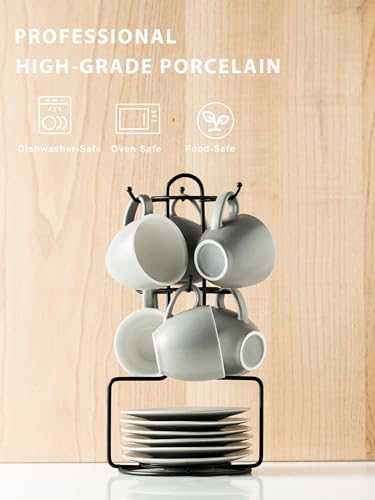 YHOSSEUN Porcelain Espresso Cups Set and Metal Stand 3 OZ Demitasse Cup For Coffee Shot, Mugs for Latte, Cafe Mocha, Cappuccino, and Tea, Serve for 6 Gray