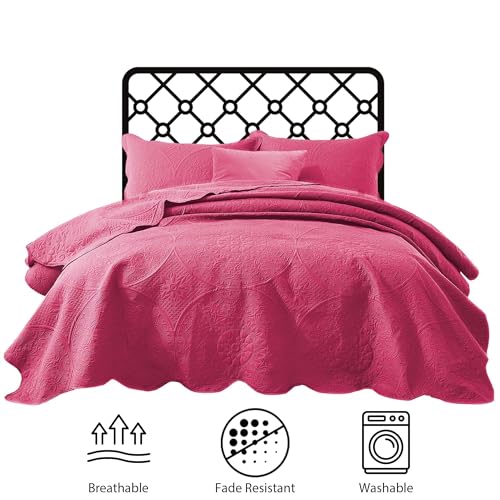 IR Imperial Rooms Queen Quilt Bedding Set Size (90" x 96") + 2 Pillow Shams (20" x 26"+ 2") - 3 Pcs All Season Lightweight Reversible Microfiber Coverlet Floral Embossed Quilt Bedspread (Pink)