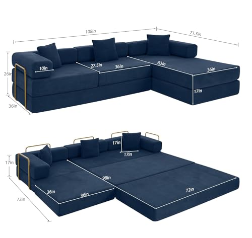 Image of HANXIN 108 Inch Convertible Sleeper Sofa Bed, Folding Floor Mattress Couch with Fixed-Shape Frame, Futon Boneless Couch Lounge Loveseat with Pull Out Bed, No Assembly Required (Blue)