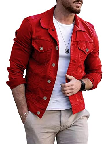 CHARTOU Mens Denim Jacket Casual Regular Fit Button Down Long Sleeve Jean Trucker Jacket (Large Red)