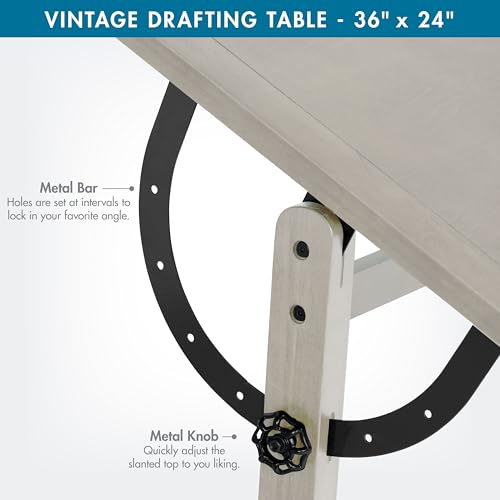 Image of Studio Designs Vintage Drawing /Drafting Table with Pencil Ledge - 36 inch W x 24 inch D - Coastal Whitewash - Adjustable Tilting Top