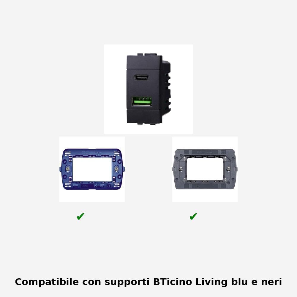 Módulo Toma Cargador Doble USB 2 Puertos, 3.1A USB-c + U SB A, Color Negro Compatible con Bticino Living Light/International 1 Unidad