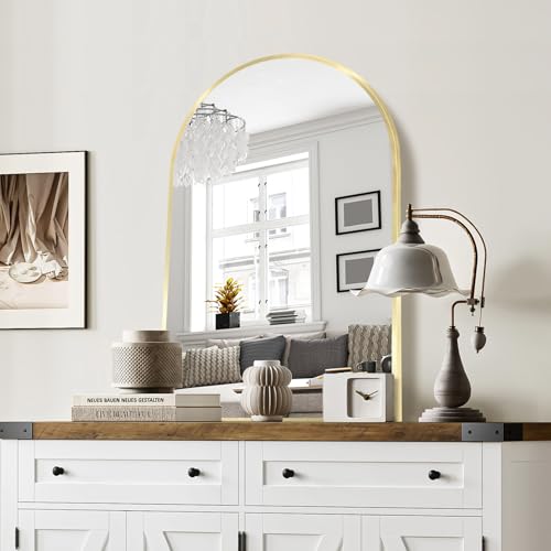 Arched Wall Mirror 24"X36", Gold Bathroom Vanity Mirrors for Over Sink, Modern Farmhouse Mirror Wall Mounted, Curved Arch Design for Bedroom, Living Room & Home Decor